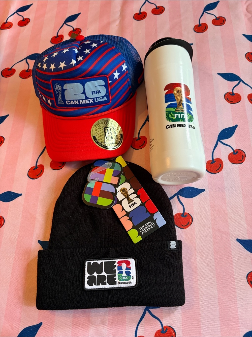 Official 2026 World Cup “We Are” Merchandise. Beanie, Hat and Bottle